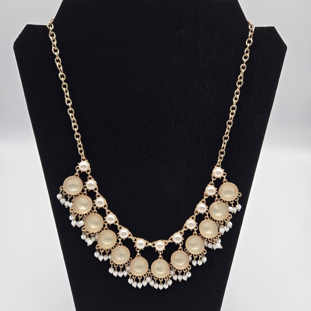 Jules Gold Tone Pearl Beaded Drop Jewel Chandelier Beaded Statement Necklace